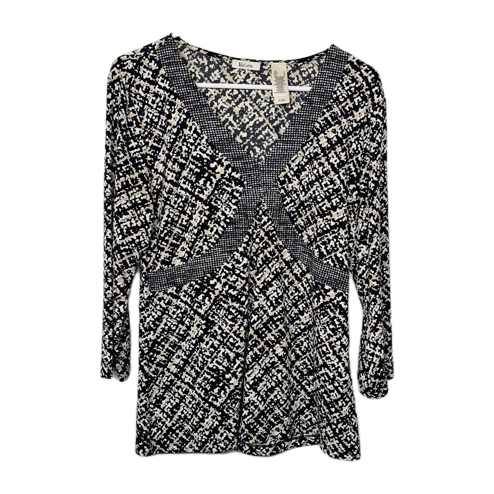 Liz & Co Womens Vtg Large Abstract Top V-neck 3/4 Sleeve Black & Beige Career